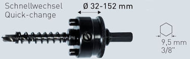 6-Kant Aufnahme 9,5mm - für Ø 32 bis 152mm - inkl. Auswurffeder und HM Zentrierbohrer