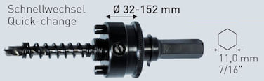 6-Kant Aufnahme 11mm - für Ø 32 bis 152mm - inkl. Auswurffeder und HM Zentrierbohrer 