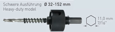 6-Kant Aufnahme 11mm - für Ø 32 bis 152mm - schwere Ausführung - inkl. Auswurffeder und HM Zentrierbohrer 