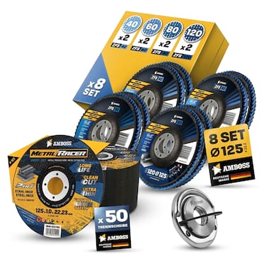 Amboss Metal Worker Kit Ø 125 mm - Metal Racer Trennscheibe + ZFS Fächerschleifscheibe + Schnellspannmutter