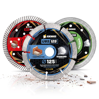 Amboss Diamant-Trennscheiben-Trio - UBS 12S / GBS 36R / FLS 23R - 125 mm Set für Beton Naturstein Fliesen Winkelschleifer Profi Baustelle