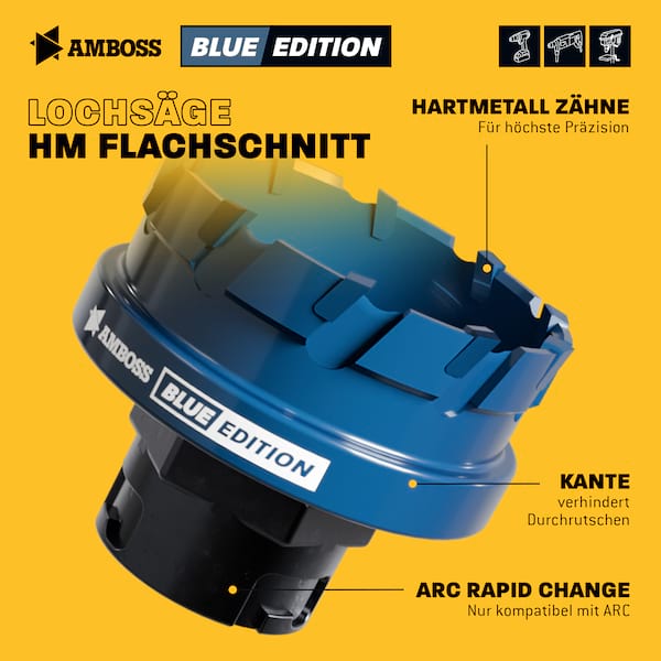 4251128795835 - AMBOSS HM Flachschnitt Rapid Change Lochsägen Set 16 22 25 32 40mm + Schnellwechselaufnahme