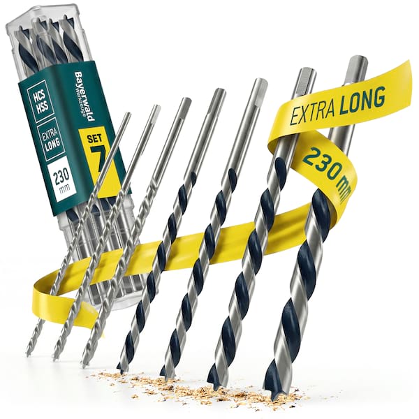 4251128702321 - Profi Holzbohrer Set Überlänge 230  mm - 7‑ tlg 4-12 mm - Bayerwald Werkzeuge – HSS & HCS Holzspiralbohrer für präzise ausrissfreie Bohrungen