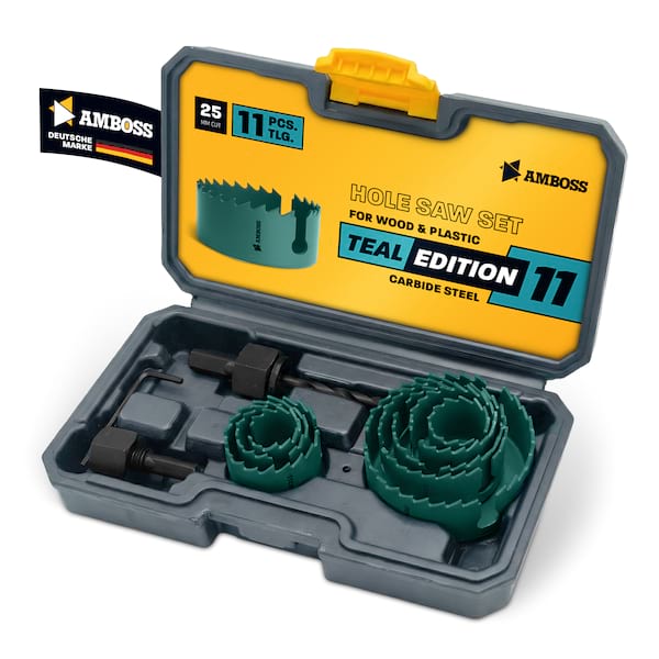 AMBOSS Teal Edition Lochsägen Set 11‐tlg. – präzise Lochsäge für Holz, Kunststoff & Plattenwerkstoffe – langlebige, scharfe Zähne & stabile