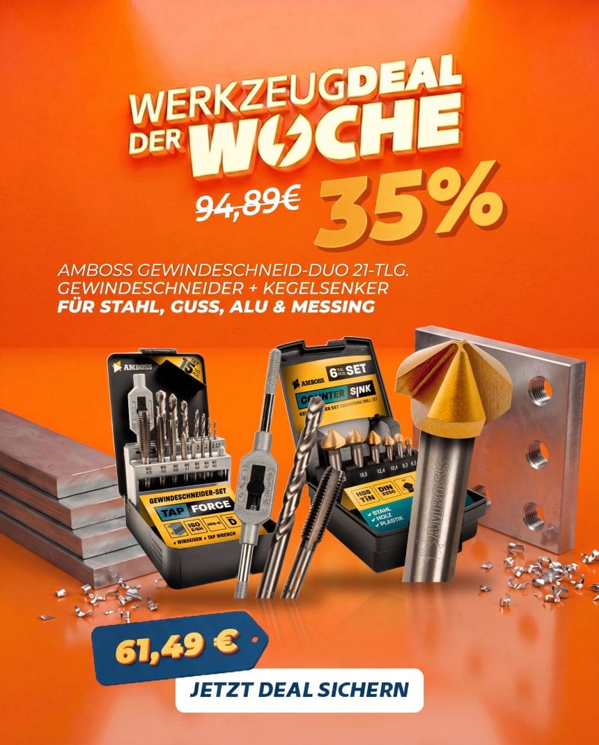 Werkzeugdeal der Woche: Amboss Gewindeschneid-Duo 21-tlg. mit Gewindeschneider-Set M3-M12 und Kegelsenker-Set, 35% g&uuml;nstiger