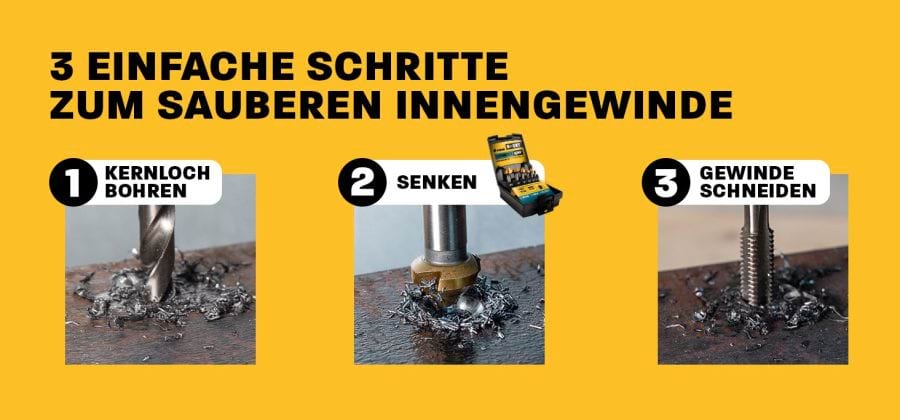 3 einfache Schritte zum sauberen Innengewinde: 1. Kernloch bohren, 2. Senken, 3. Gewinde schneiden