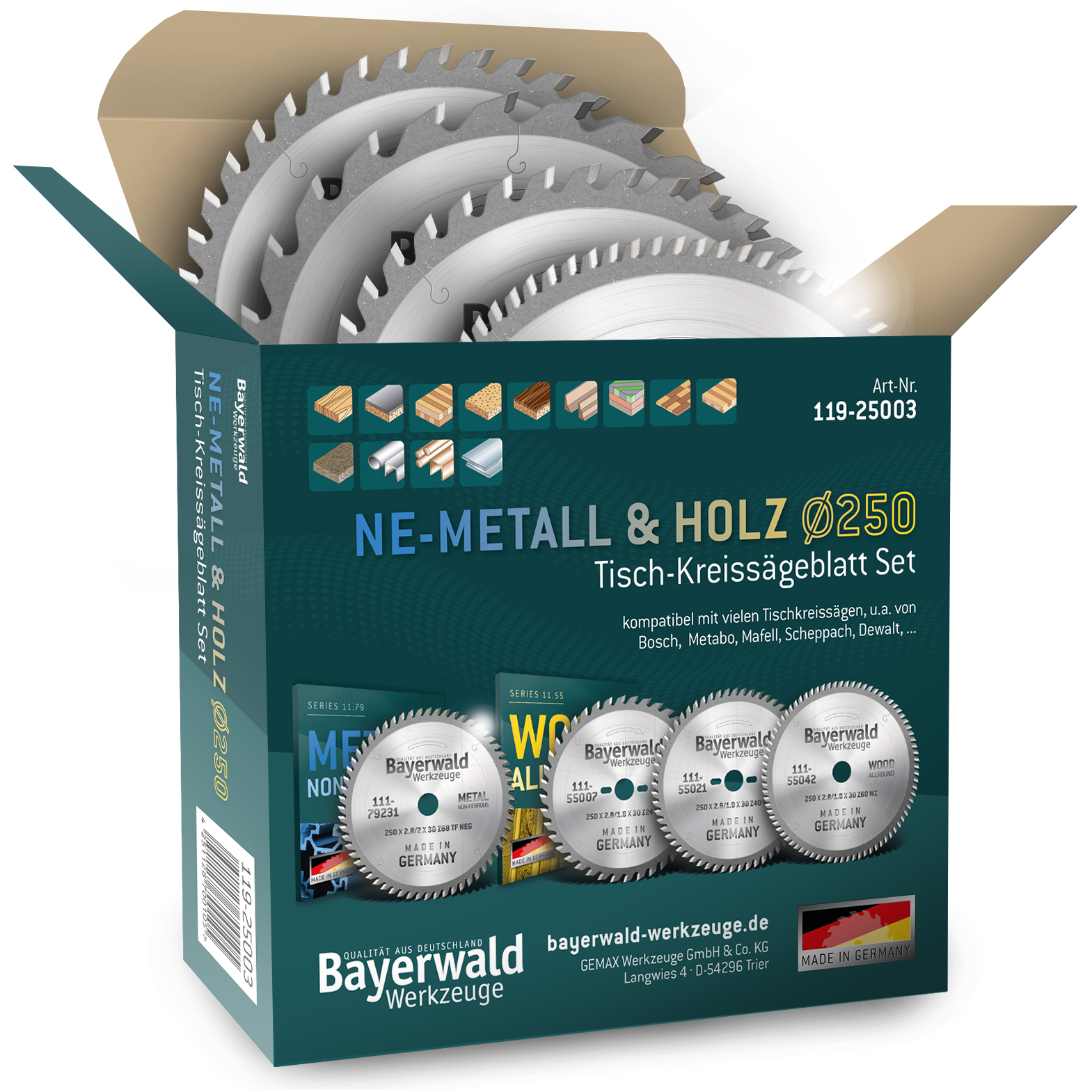 4251128730843 - NE-METALL & HOLZ Ø250 Tisch-Kreissägeblatt Set