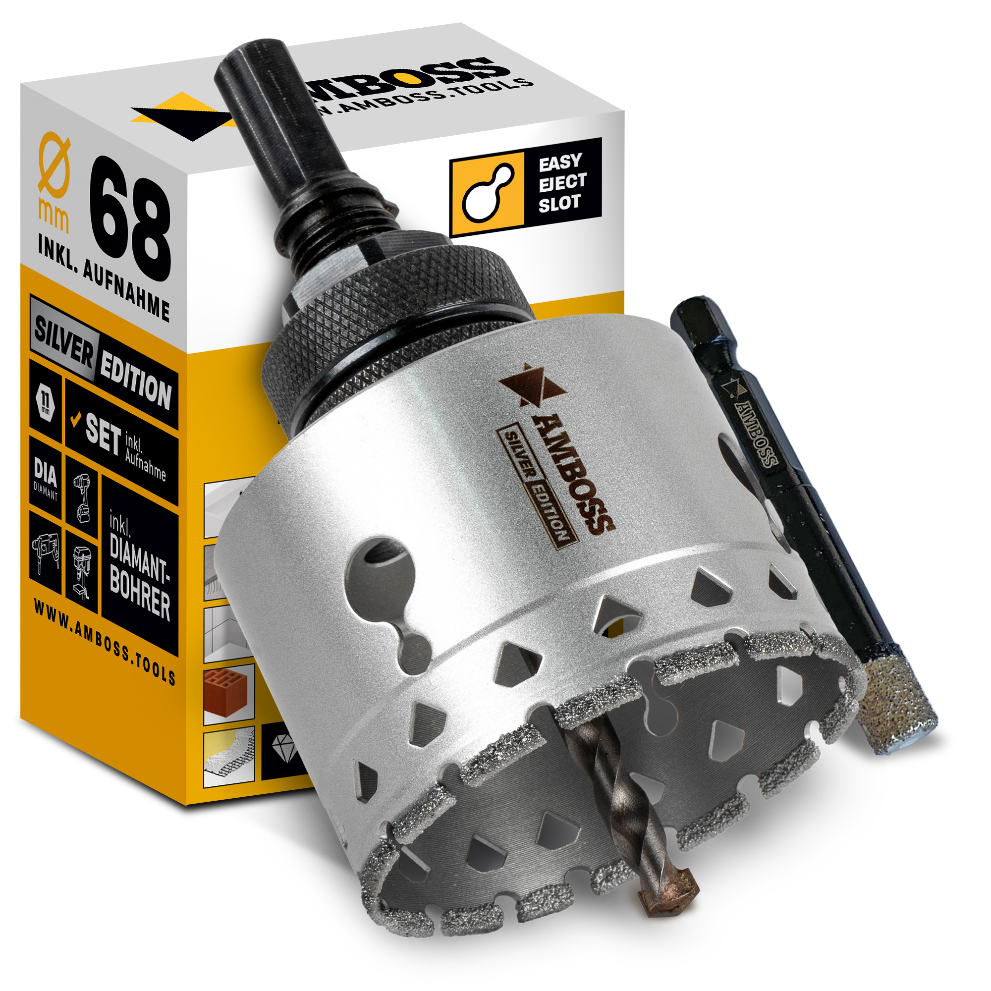 Set Silver Edition Diamant Lochsäge 68mm + Aufnahme + 7mm Diamant Bohr